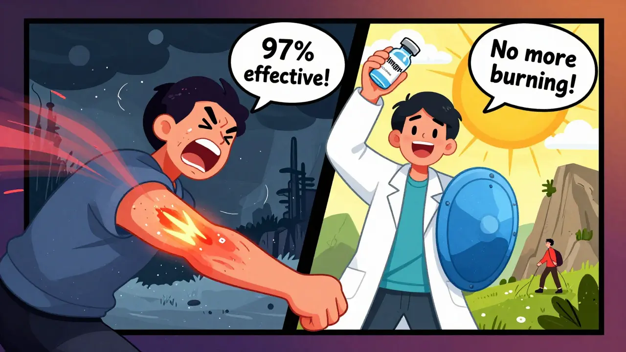 A person recoiling from a painful rash as a younger self blocks it with a Shingrix vaccine shield.