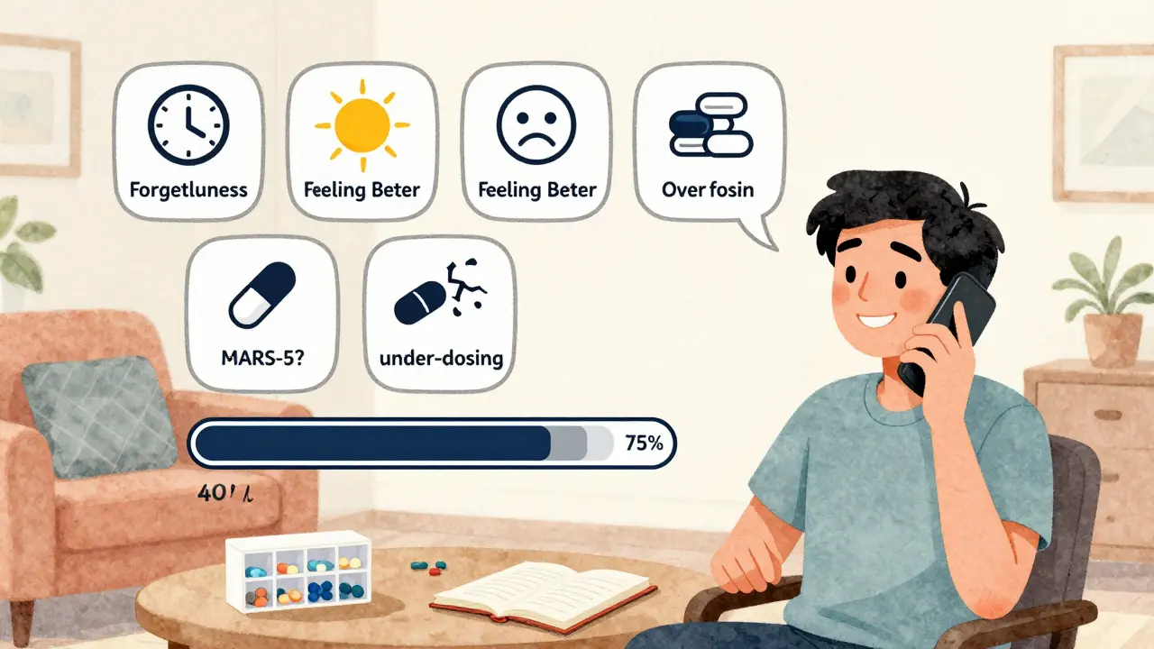 A person talking to a pharmacist with floating MARS-5 question bubbles showing adherence progress.