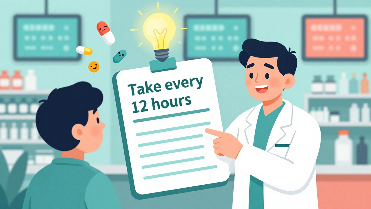 A pharmacist explaining a prescription in plain English, with a glowing lightbulb and happy pills beside them.