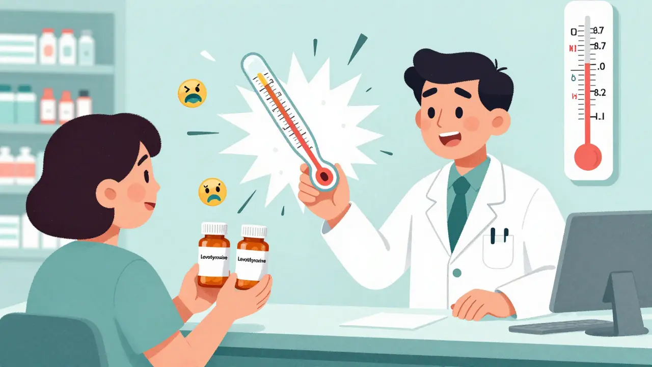 A pharmacist handing two identical pill bottles while a thyroid level spikes dramatically.