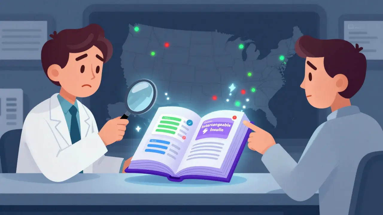 A pharmacist using a magnifying glass to examine a glowing Purple Book with color-coded drug cards and state lights in the background.