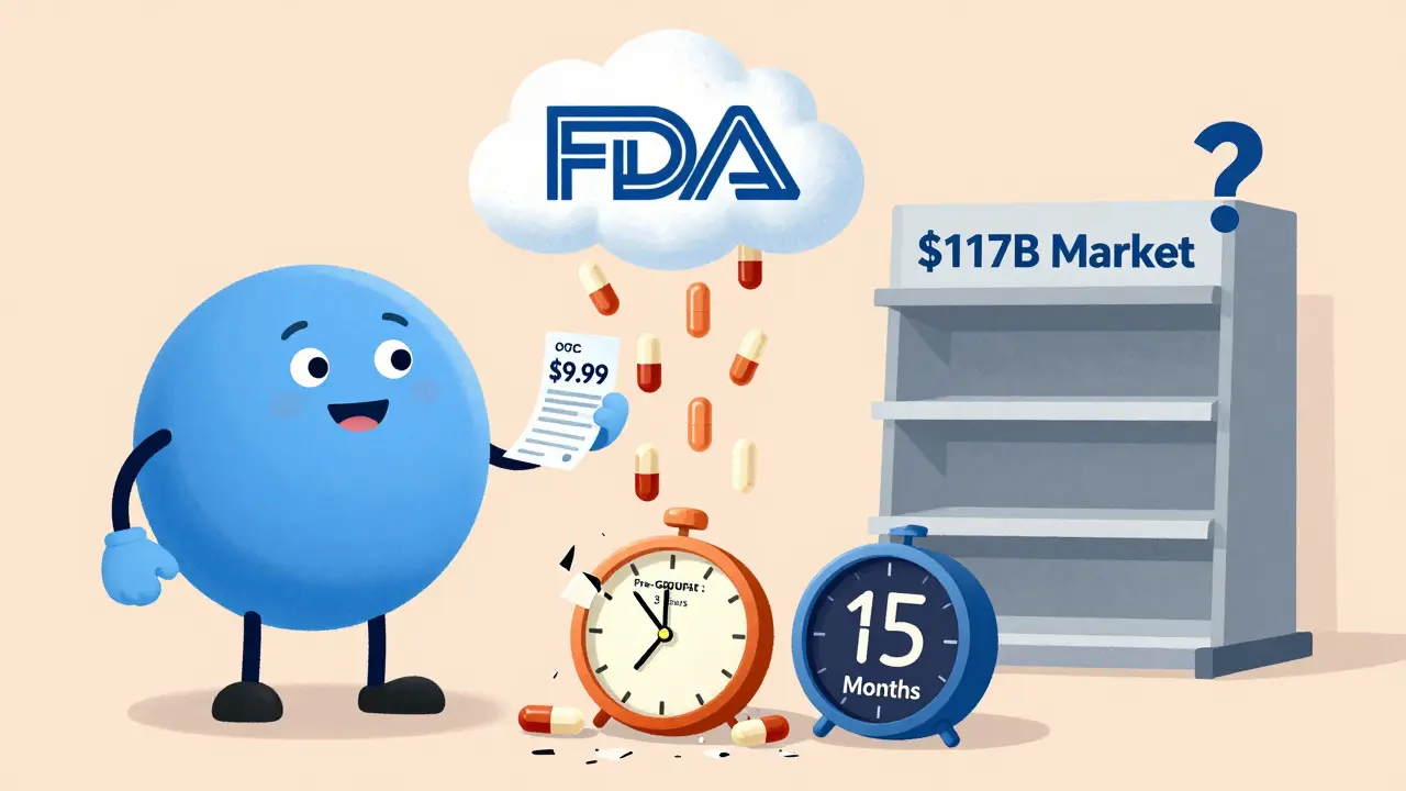 A smiling patient receives a rain of affordable pills as an old slow clock breaks, while OTC drugs remain untouched in the background.