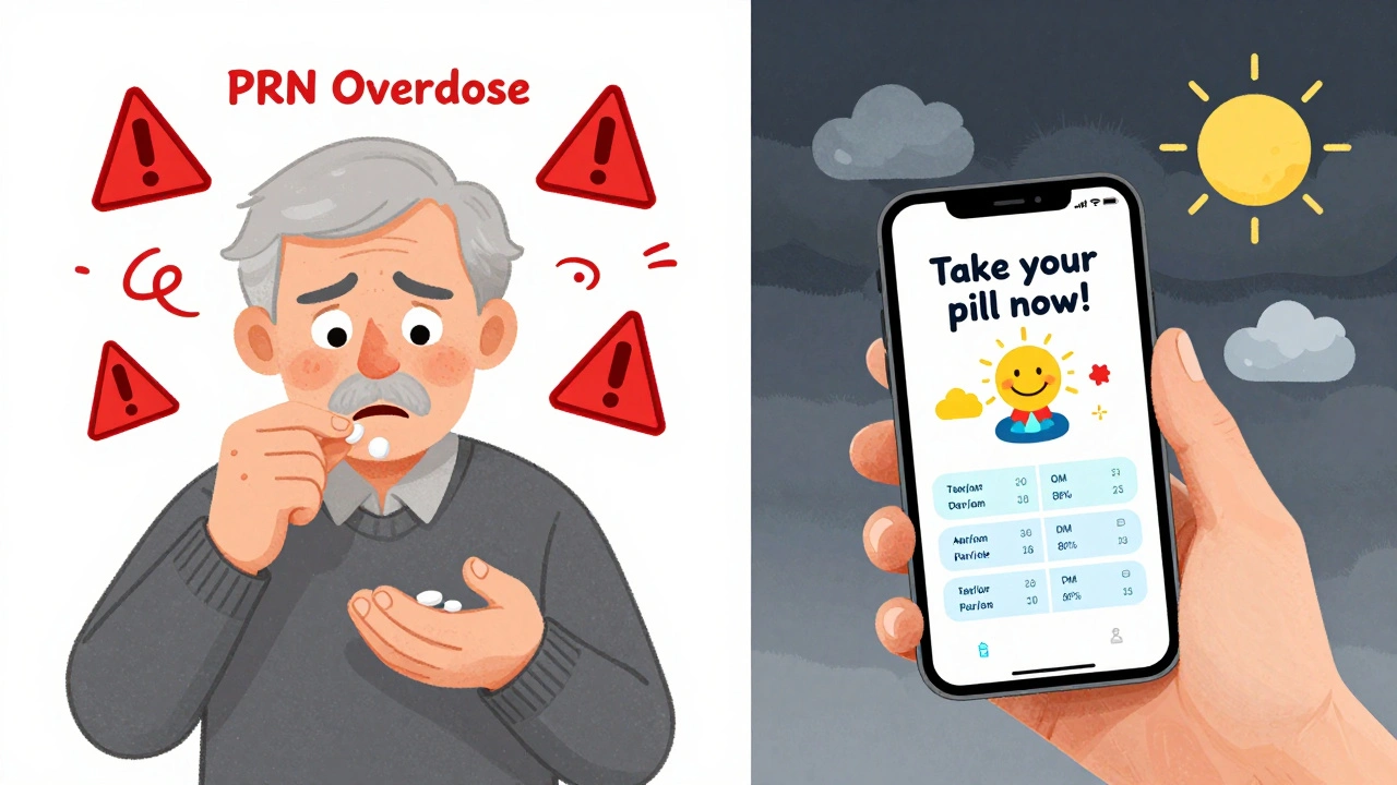 A split scene showing dangerous overuse of PRN medication versus safe use with a pill organizer and app reminders.