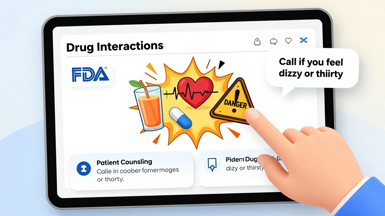 A tablet screen showing an interactive drug label with exploding interaction warnings in cartoon illustration style.