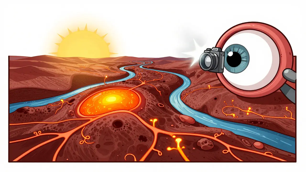 A whimsical landscape of the retina with blood vessels as rivers and a glowing macula, captured by a camera flash.