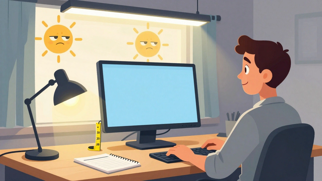 An ergonomic desk setup with monitor at eye level, soft lighting, and a tape measure showing ideal screen distance.