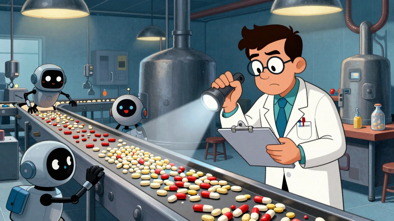 An FDA inspector inspects a quirky pill factory with animated robots and conveyor belts full of pills.