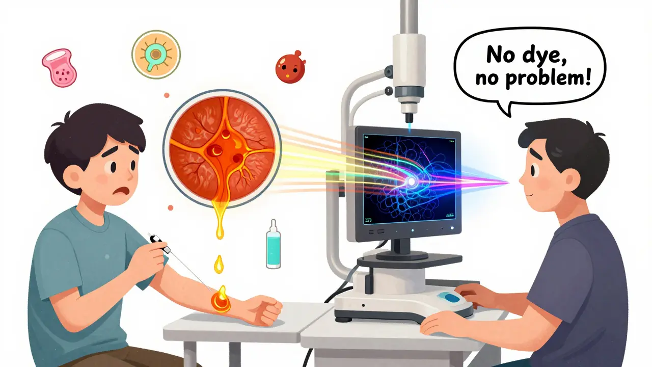 Contrasting dye-based angiography with dye-free OCTA, showing motion trails tracing blood flow in the eye.