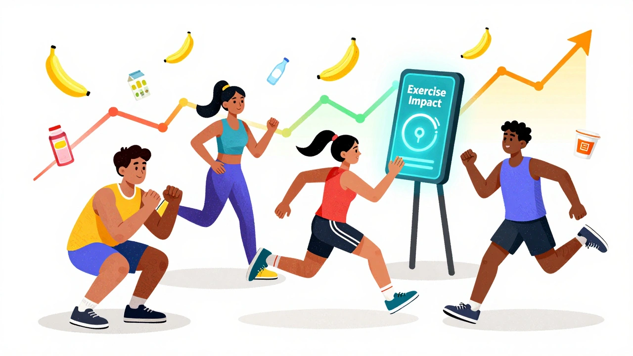 Diverse group exercising with floating carb foods and animated glucose graphs