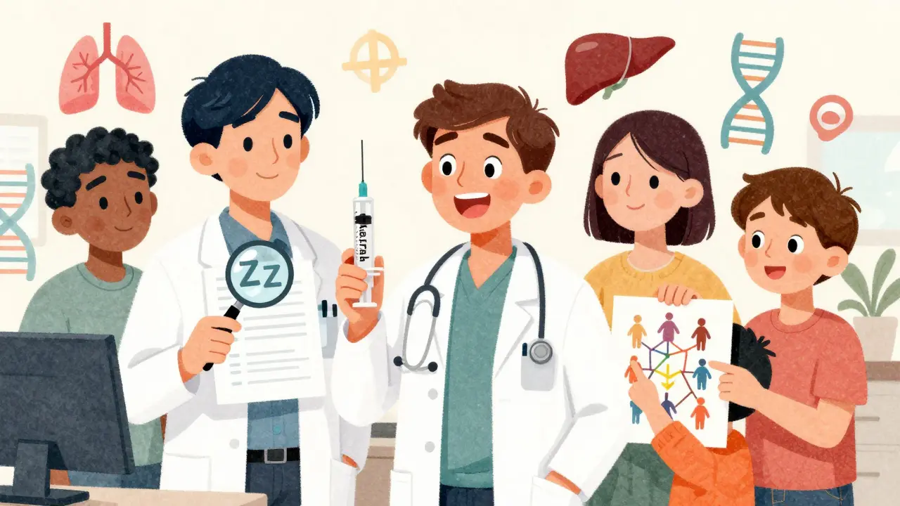 Diverse people in a doctor's office reacting to a genetic test result with relief