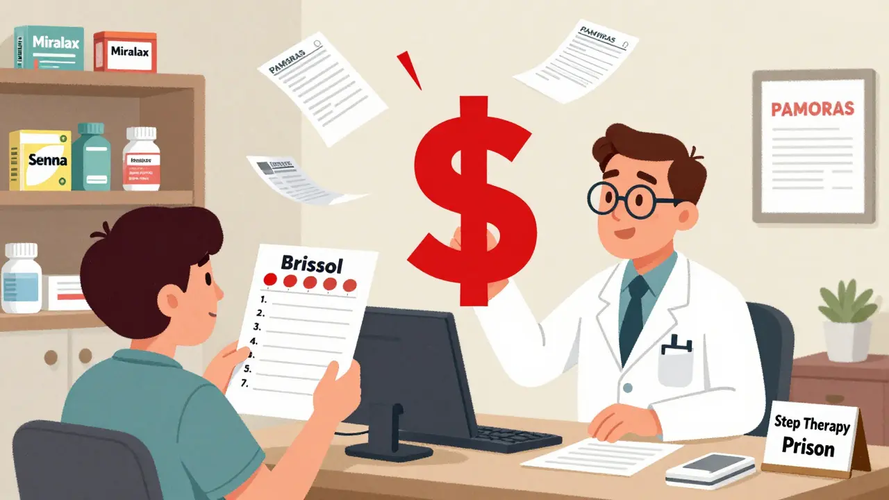 Doctor and patient in office, Bristol Stool Scale in hand, insurance dollar sign blocking PAMORA prescription.