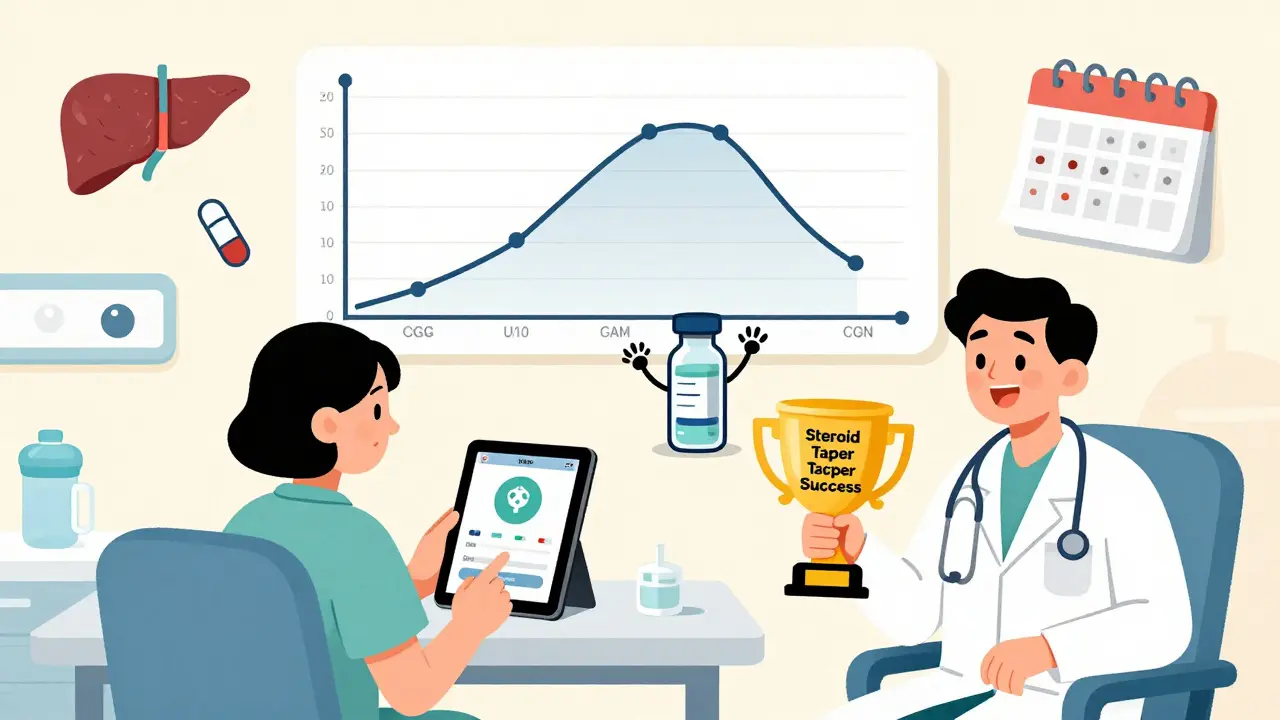 Doctor and patient using insulin-dosing app with giant CGM graph and steroid taper calendar in background.