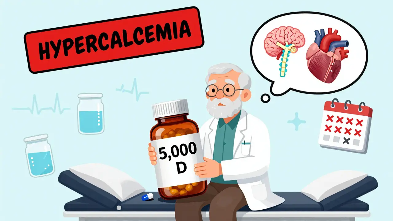 Elderly man holding giant vitamin D bottle with calcium crystals forming in brain, heart, and bones.