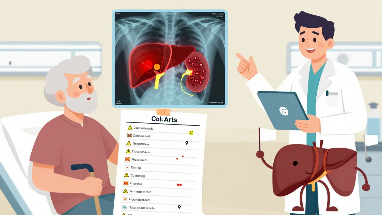Elderly patient with medication list, transparent body showing drug interaction zones, pharmacist checking tablet