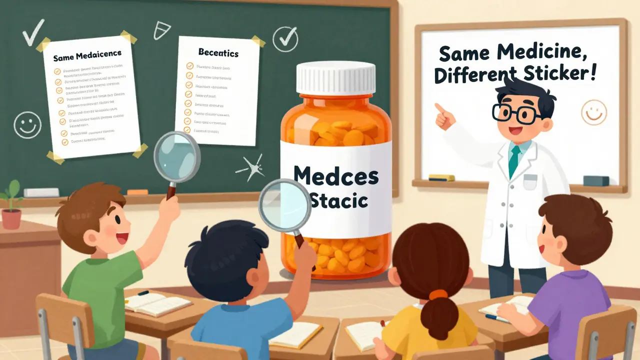 Elementary students play a medicine detective game with oversized pill bottles in a colorful classroom.