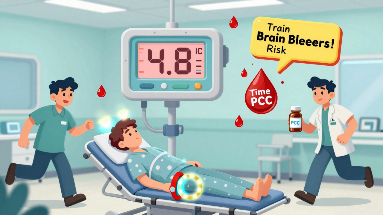 Emergency scene with glowing medical alert bracelet and high INR reading above a patient.