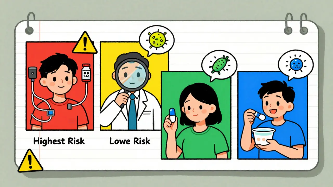 Four color-coded comic panels showing risk levels for probiotic use in immunosuppressed patients, with medical icons and expressive faces.