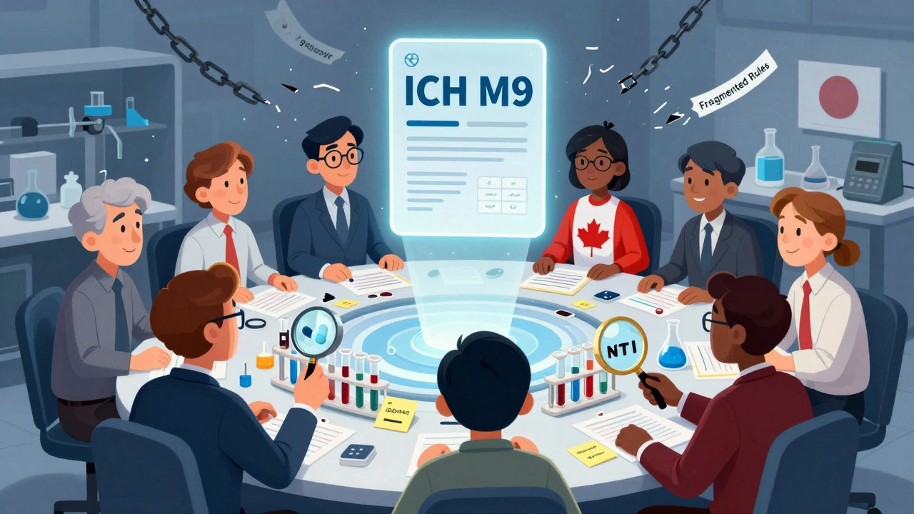 Global regulators working together on NTI drug testing, with harmonization light shining over broken rules.