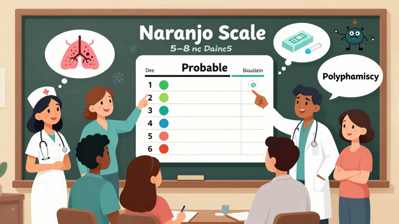 Healthcare team debating a 'Probable' Naranjo Scale score, with cartoon monsters representing possible alternative causes.