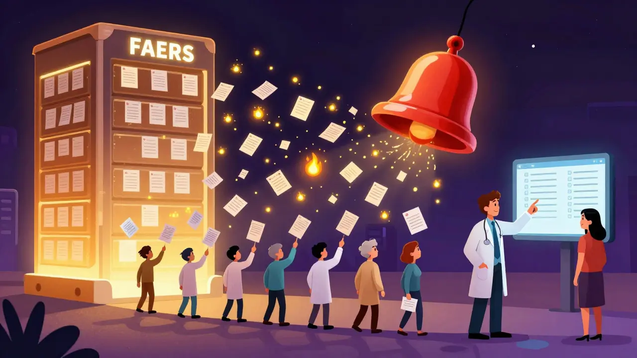 Millions of report fireflies flowing into an alarm bell, connecting people across the U.S.