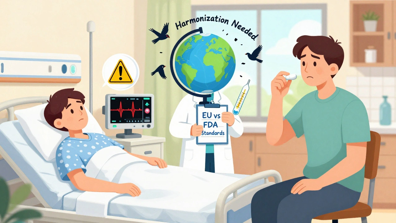 Patient in hospital with unstable thyroid levels vs. calm patient at home, with pharmacist confused by international standards.
