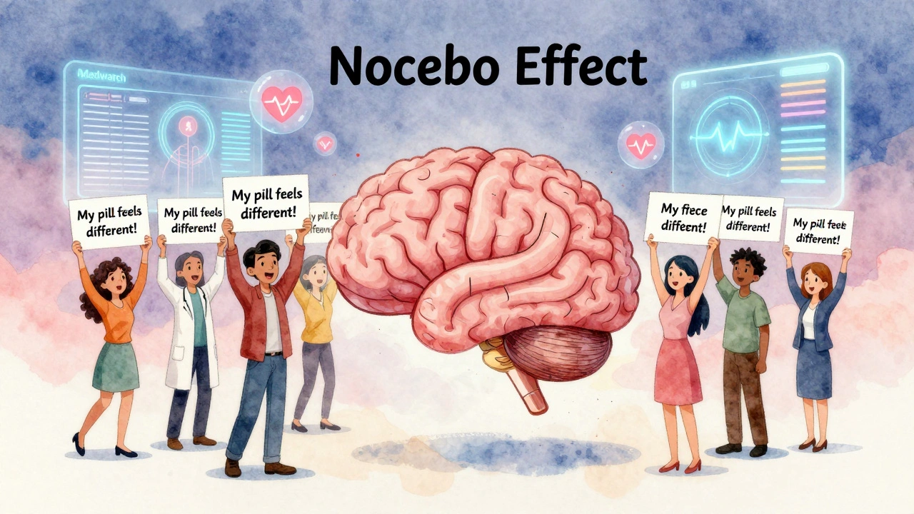 Patients hold signs about medication changes while AI scans health data and a MedWatch portal glows above.