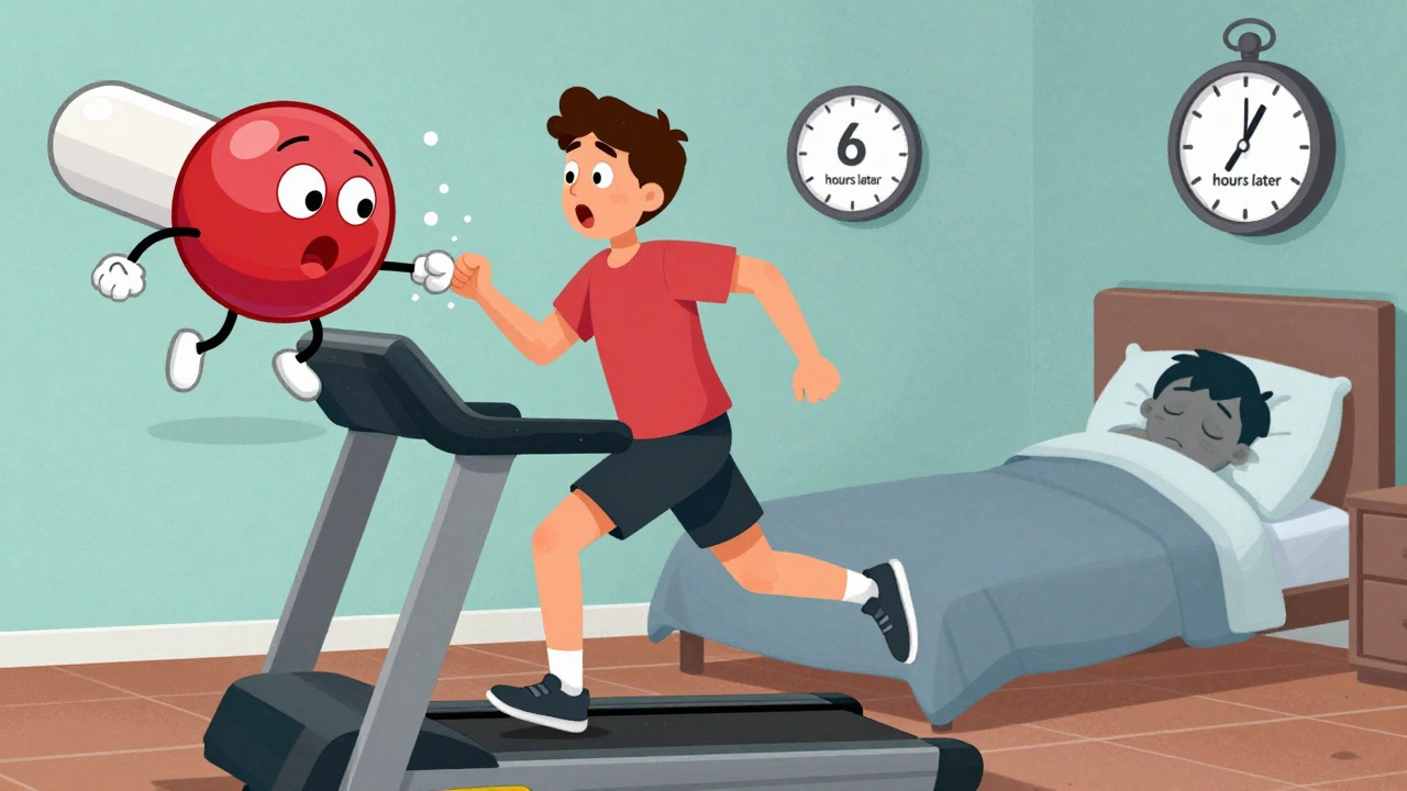 Person on treadmill surprised as insulin molecule pulls glucose, with delayed low dream shadow