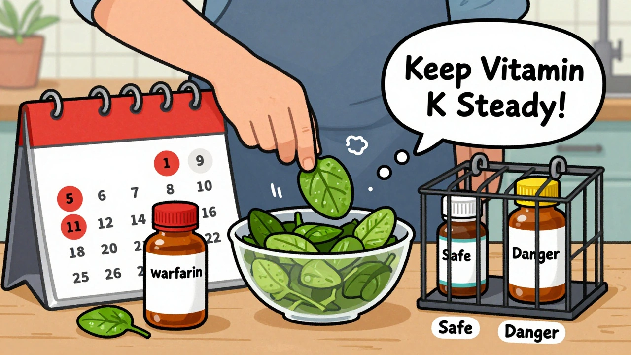 Person preparing a salad with steady vitamin K intake, warfarin and ibuprofen safely separated.
