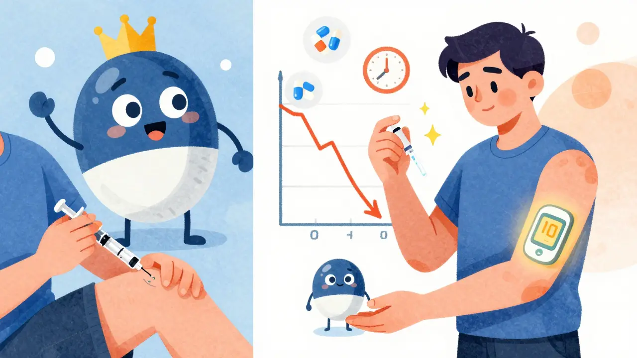 Person reducing insulin dose as steroid pill shrinks, CGM on arm showing falling glucose levels.