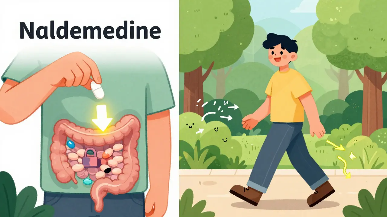 Person taking naldemedine pill with glowing gut receptors unblocked, walking happily as bowel movements flow freely.