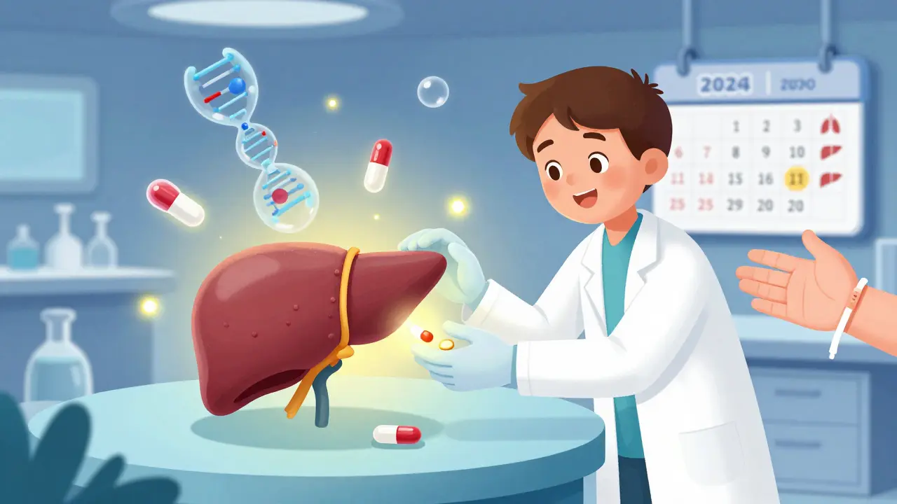 Scientist placing a gene-correcting pill into a model liver with swirling molecular helpers