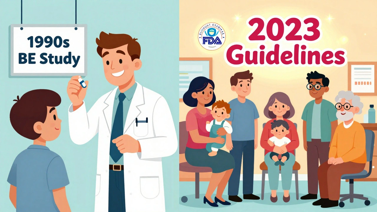 Split scene: 1980s male-only drug study vs. modern inclusive clinical trial with FDA guidelines highlighted.