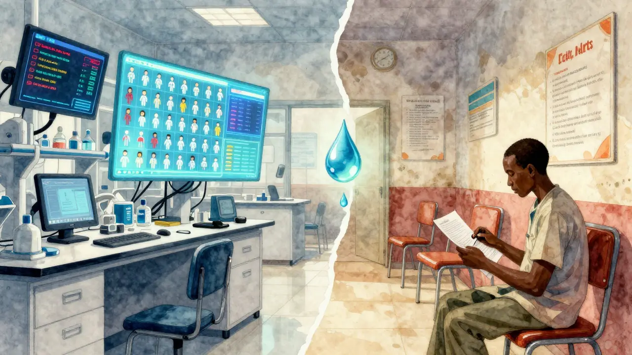 Split scene: advanced lab on left, under-resourced clinic on right, showing global pharmacovigilance inequality.