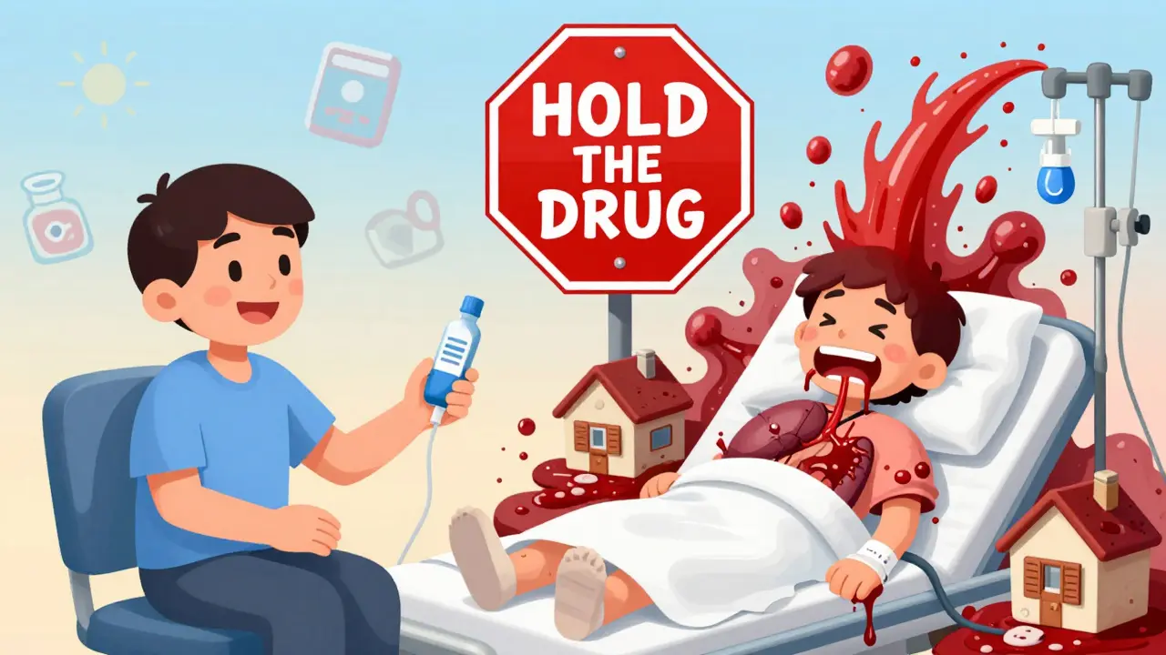 Split scene: happy patient receiving chemo vs. same patient in crisis with chaotic clots and bleeding, giant STOP sign above.