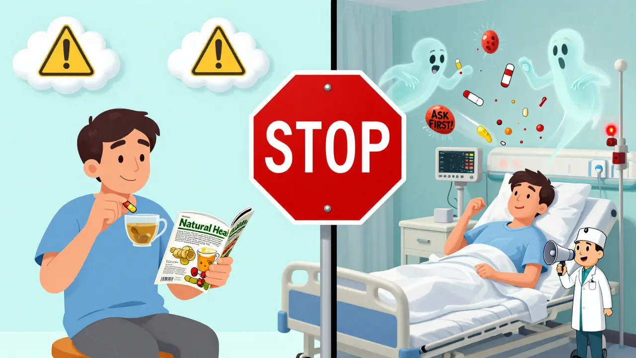 Split scene: patient taking supplements vs. same patient in hospital with alarm lights, giant stop sign between