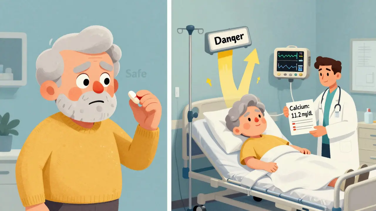 Split scene: senior taking supplement vs. same person hospitalized with high calcium levels.