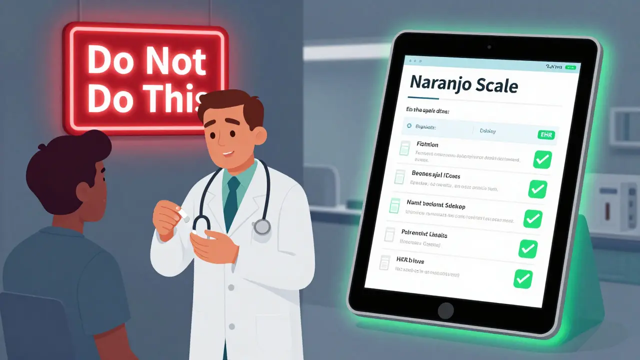 Split scene: unethical drug rechallenge vs. digital EHR auto-filling Naranjo Scale answers with green checkmarks.