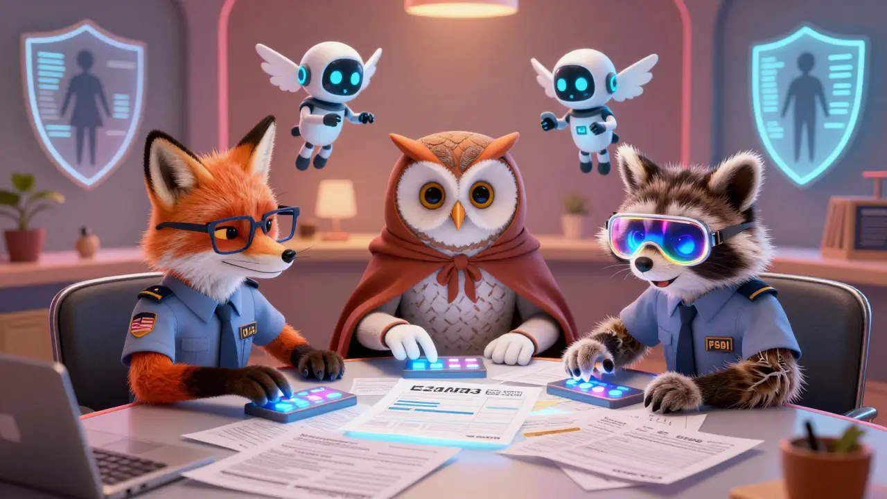 Three animal-like regulators transforming messy reports into digital safety data using AI helpers.