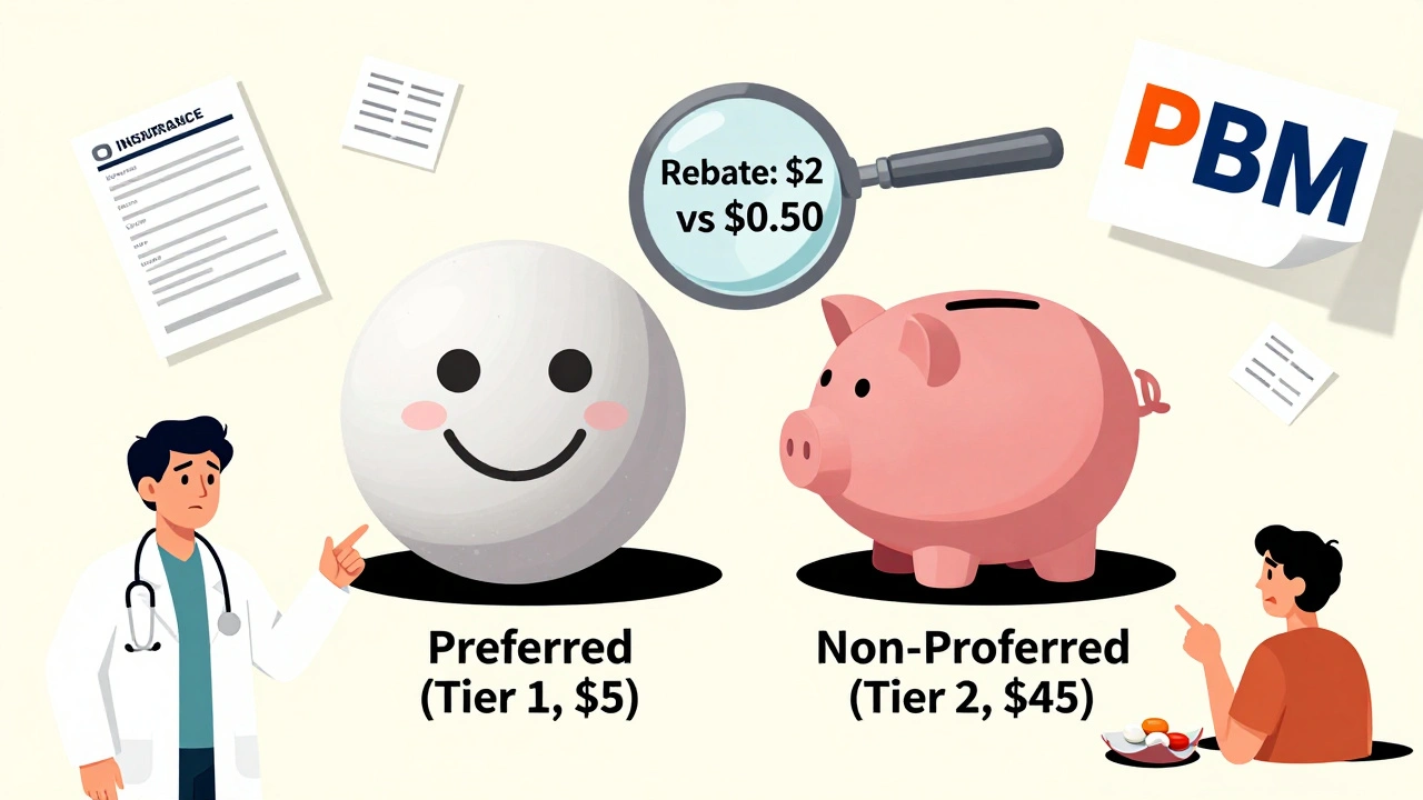 Two identical generic pills labeled with different prices due to rebate differences, one happy and cheap, the other expensive and sad, with a magnifying glass revealing the financial secret.