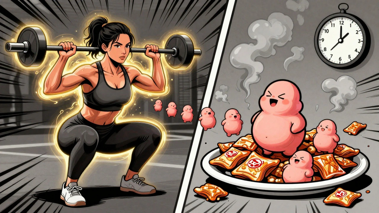 Woman doing squats while processed food turns into belly fat, illustrating the need for strength training over dieting.