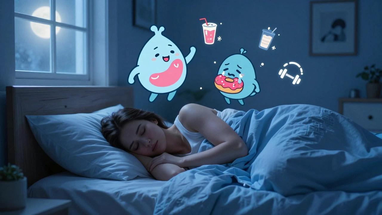 Woman sleeping peacefully as cartoon hormones leptin and ghrelin reflect good sleep and reduced cravings.