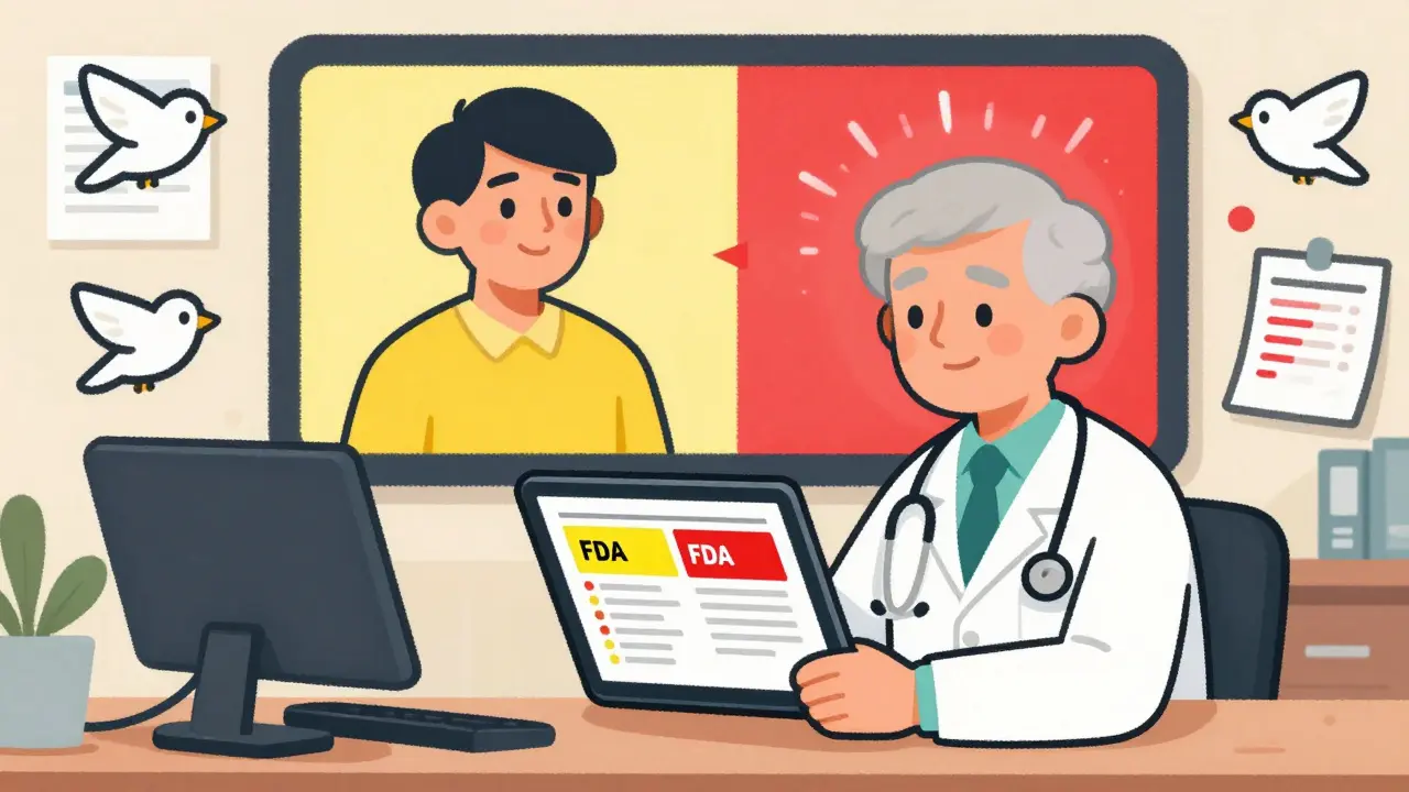A doctor views a dynamic FDA warning on a tablet that changes color based on patient data.