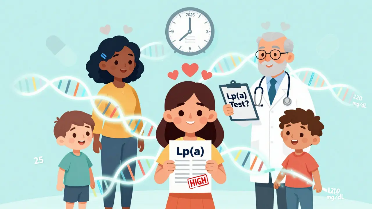 A family tree with members showing different Lp(a) levels, one holding a high result, with a doctor holding a clipboard asking for the test.
