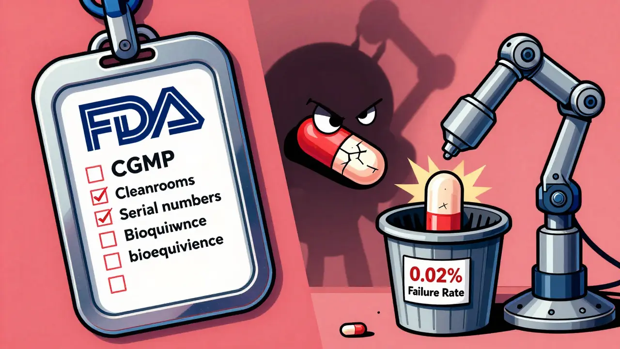 A genuine FDA-approved pill is validated while a fake pill gets rejected by a robotic arm.