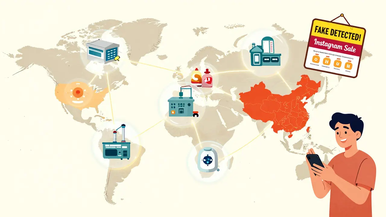 A global map shows secure drug supply chains with digital verification scanning pills for authenticity.