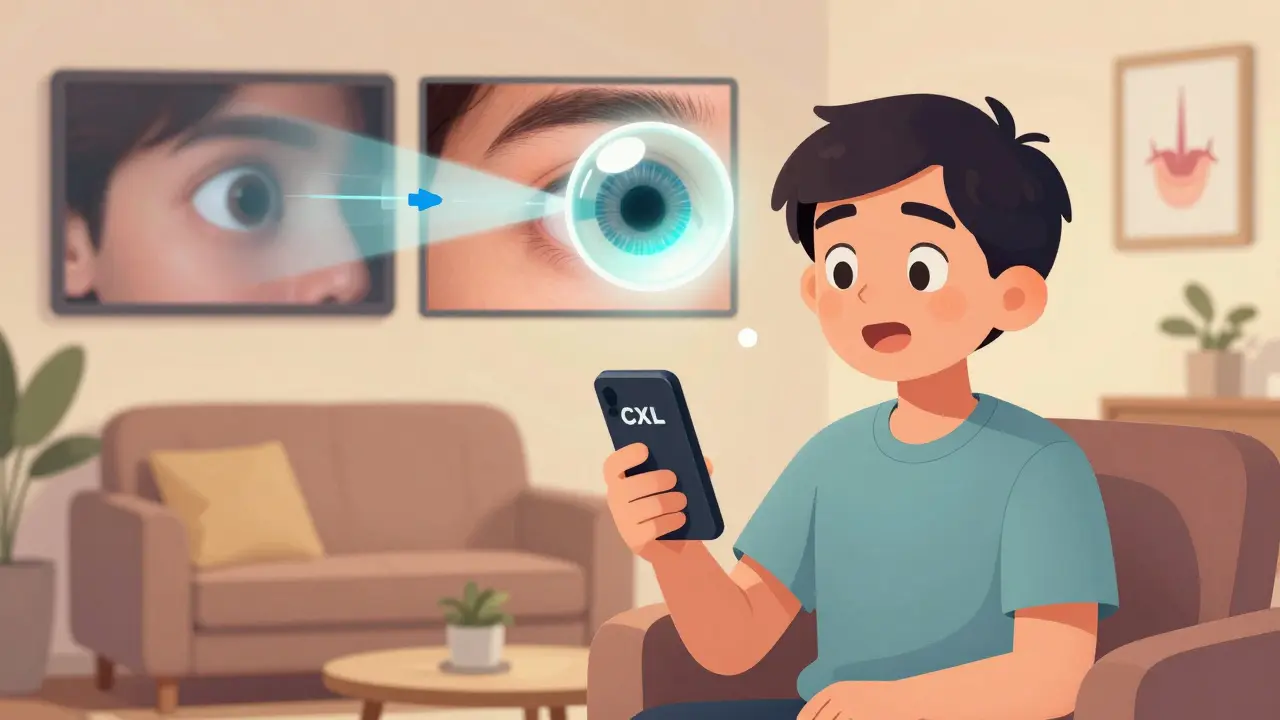 A patient enjoys clear vision with a scleral lens floating over their eye, shown alongside a timeline of their visual transformation from blur to clarity.