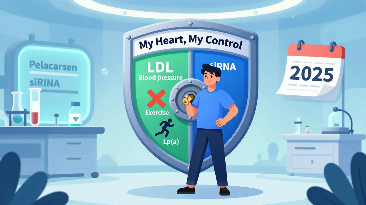 A person standing before a shield protecting their heart, with sections for LDL, blood pressure, no smoking, exercise, and locked Lp(a), while futuristic drugs glow in the background.
