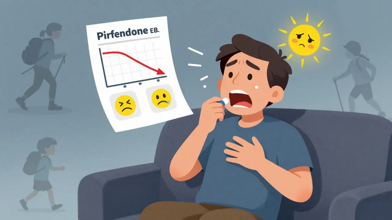 A person struggling to breathe with pills causing side effects, surrounded by faded memories of active life.