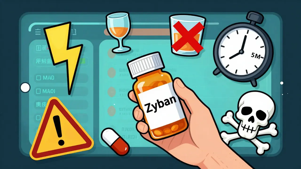 A person surrounded by warning icons for alcohol, seizures, and drug interactions while holding a bupropion pill bottle.
