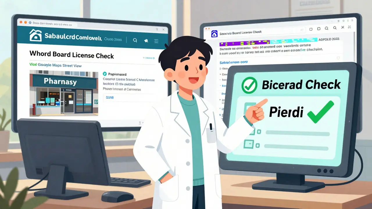 A pharmacist pointing to a license verification dashboard with a green checkmark and real vs fake pharmacy comparison.